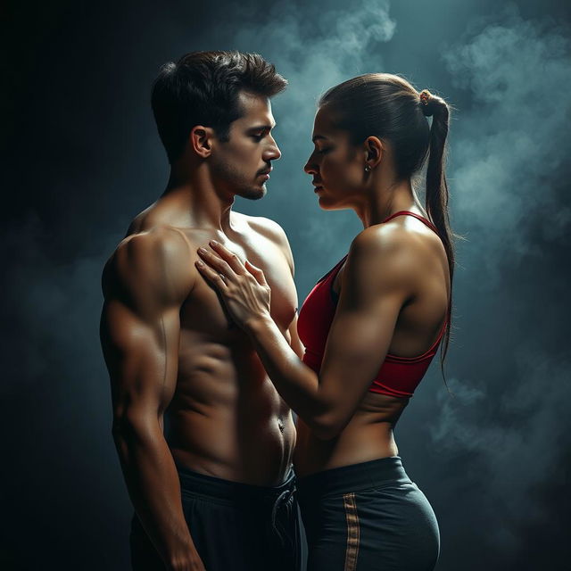 A dramatic scene capturing the essence of manipulation, depicted through two figures intimately close, skin to skin, wearing sport clothes that accentuate their athletic physiques