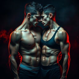 A dramatic scene capturing the essence of manipulation, depicted through two figures intimately close, skin to skin, wearing sport clothes that accentuate their athletic physiques