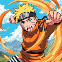 A dynamic scene featuring Naruto, the iconic ninja from the anime, in an intense battle pose, surrounded by swirling energy and vivid colors