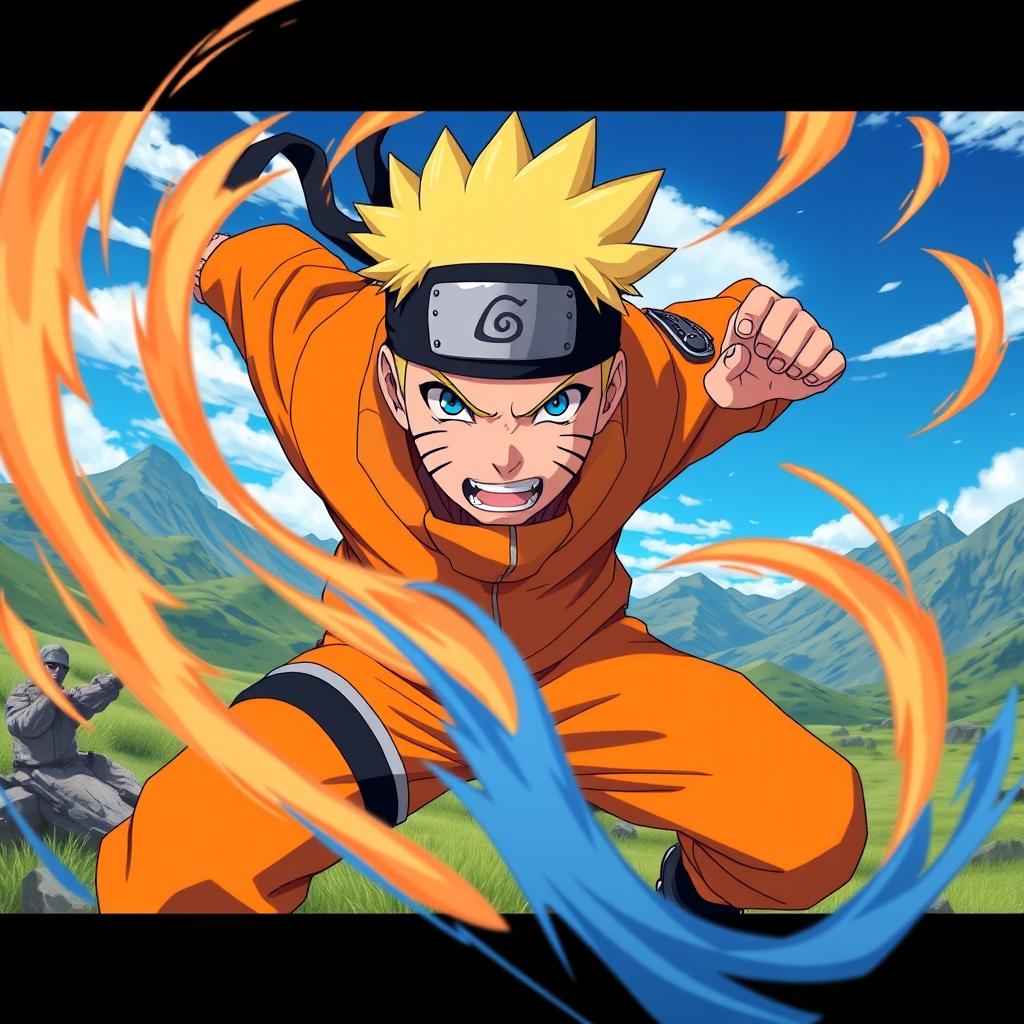 A dynamic scene featuring Naruto, the iconic ninja from the anime, in an intense battle pose, surrounded by swirling energy and vivid colors