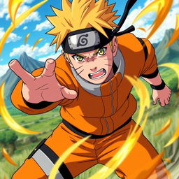 A dynamic scene featuring Naruto, the iconic ninja from the anime, in an intense battle pose, surrounded by swirling energy and vivid colors