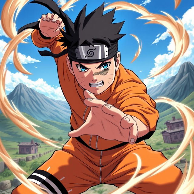 A dynamic scene featuring Naruto, the iconic ninja from the anime, in an intense battle pose, surrounded by swirling energy and vivid colors