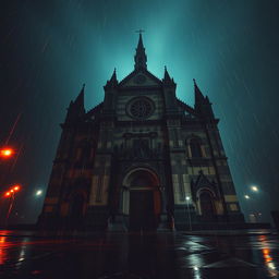 A dramatic perspective of an ancient cathedral at night, surrounded by a rainy atmosphere
