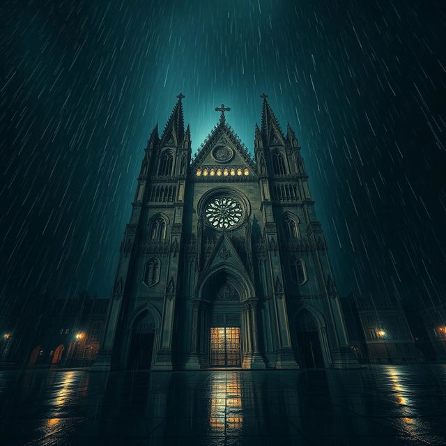 A dramatic perspective of an ancient cathedral at night, surrounded by a rainy atmosphere