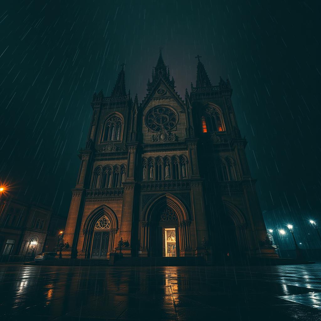 A dramatic perspective of an ancient cathedral at night, surrounded by a rainy atmosphere