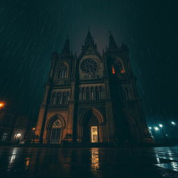 A dramatic perspective of an ancient cathedral at night, surrounded by a rainy atmosphere