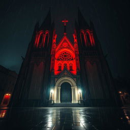 A dramatic perspective of an ancient cathedral at night, surrounded by a rainy atmosphere