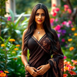 A tall, elegant Indian woman with a confident presence, showcasing her attractive features including long hair and a fashionable outfit that accentuates her beauty