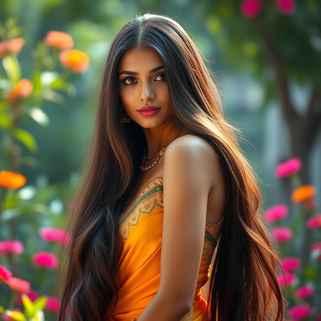 A tall, elegant Indian woman with a confident presence, showcasing her attractive features including long hair and a fashionable outfit that accentuates her beauty