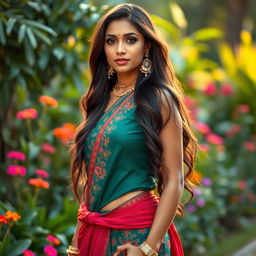 A tall, elegant Indian woman with a confident presence, showcasing her attractive features including long hair and a fashionable outfit that accentuates her beauty