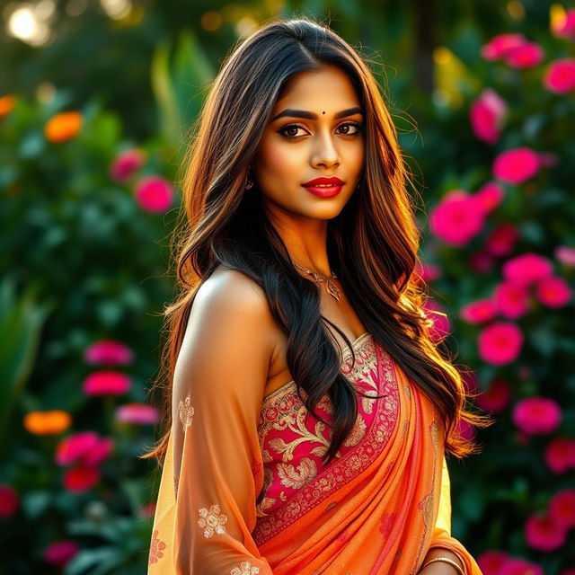 A tall, elegant Indian woman with a confident presence, showcasing her attractive features including long hair and a fashionable outfit that accentuates her beauty