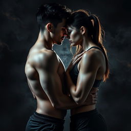 An intense scene illustrating the concept of manipulation, featuring two figures closely positioned, skin to skin, wearing sport clothes