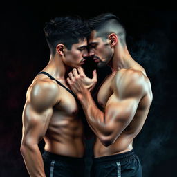An intense scene illustrating the concept of manipulation, featuring two figures closely positioned, skin to skin, wearing sport clothes