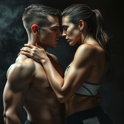 An intense scene illustrating the concept of manipulation, featuring two figures closely positioned, skin to skin, wearing sport clothes