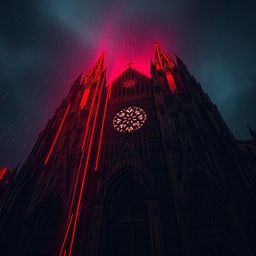 A dramatic perspective of a massive ancient cathedral under heavy rain, with vividly red streams resembling blood cascading from the dark stormy sky