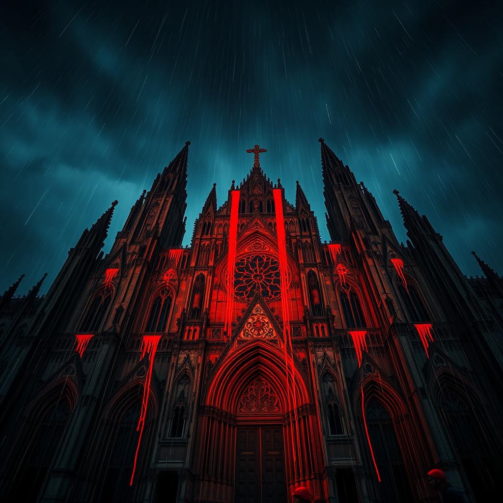 A dramatic perspective of a massive ancient cathedral under heavy rain, with vividly red streams resembling blood cascading from the dark stormy sky