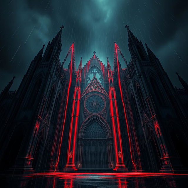 A dramatic perspective of a massive ancient cathedral under heavy rain, with vividly red streams resembling blood cascading from the dark stormy sky