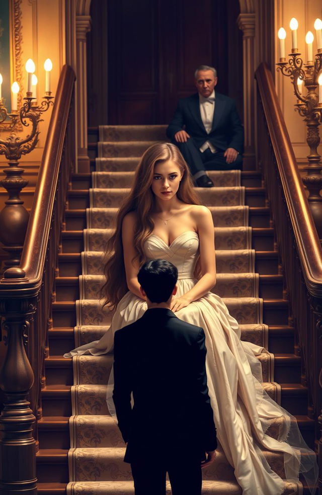 A young heiress with long flowing hair, dressed elegantly in a luxurious gown, sitting on a grand staircase looking melancholic