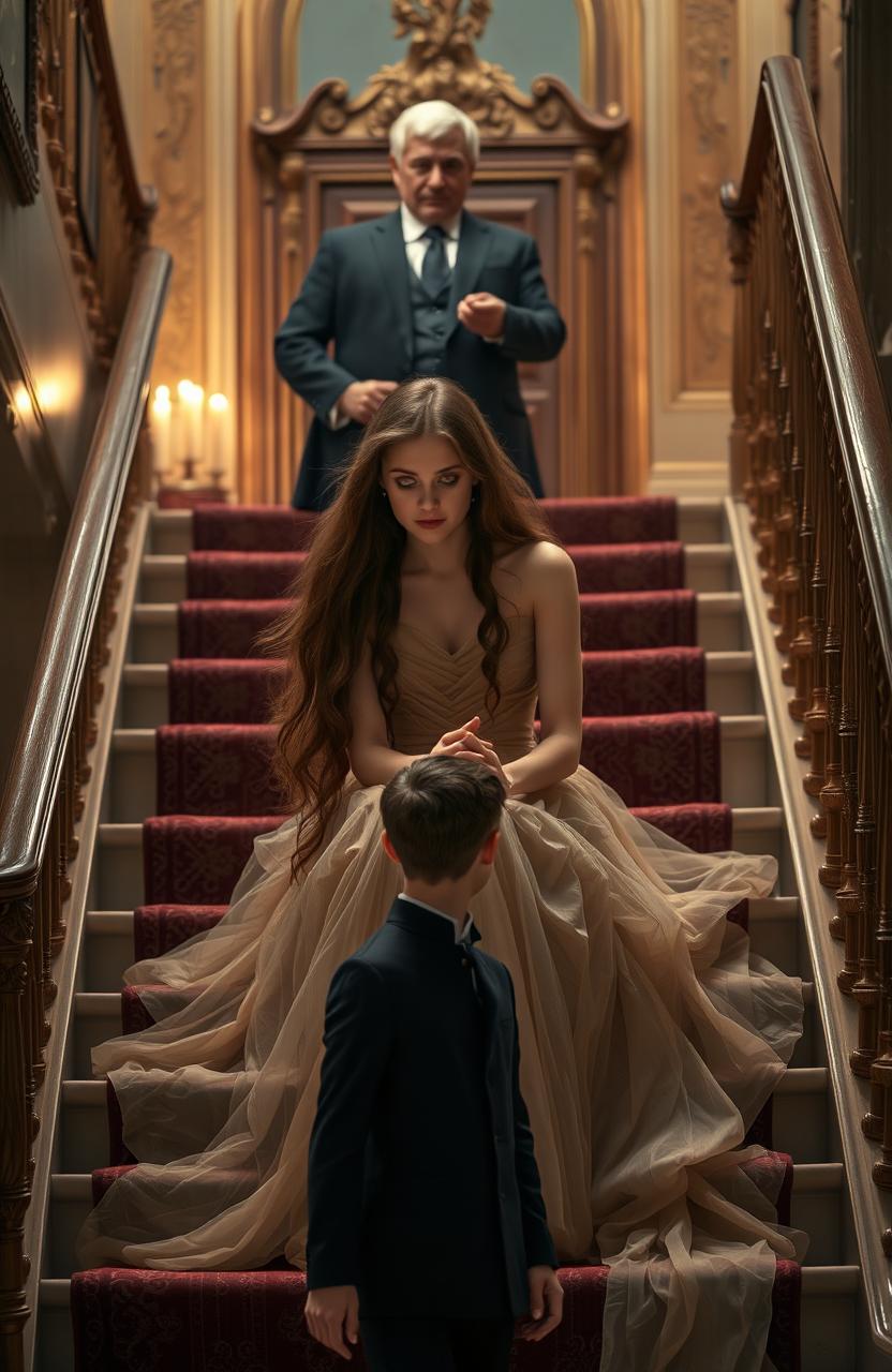 A young heiress with long flowing hair, dressed elegantly in a luxurious gown, sitting on a grand staircase looking melancholic