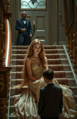 A young heiress with long flowing hair, dressed elegantly in a luxurious gown, sitting on a grand staircase looking melancholic