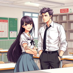 A realistic illustration of a stunning high school student with long, stylish hair, wearing a chic school uniform that subtly emphasizes her youthful allure