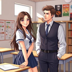A realistic illustration of a stunning high school student with long, stylish hair, wearing a chic school uniform that subtly emphasizes her youthful allure
