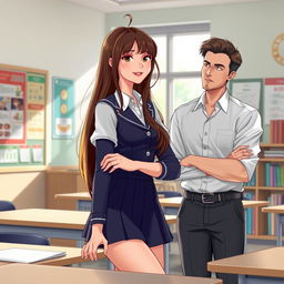 A realistic illustration of a stunning high school student with long, stylish hair, wearing a chic school uniform that subtly emphasizes her youthful allure