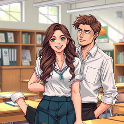 A hyper-realistic illustration of a captivating high school student with long, wavy hair, wearing a fitted school uniform that subtly enhances her youthful allure