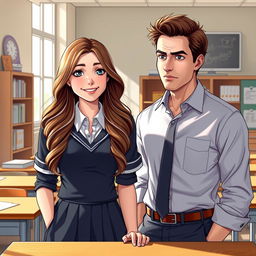 A hyper-realistic illustration of a captivating high school student with long, wavy hair, wearing a fitted school uniform that subtly enhances her youthful allure