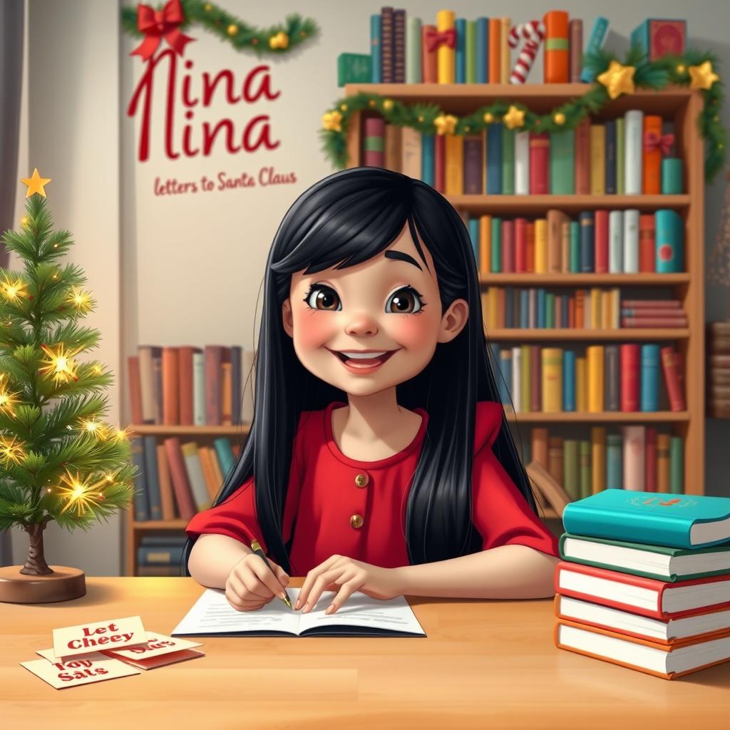 A charming scene featuring a joyful 8-year-old girl with long, straight black hair styled in a Disney-like fashion, dressed in a vibrant red dress