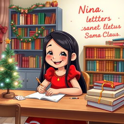 A charming scene featuring a joyful 8-year-old girl with long, straight black hair styled in a Disney-like fashion, dressed in a vibrant red dress
