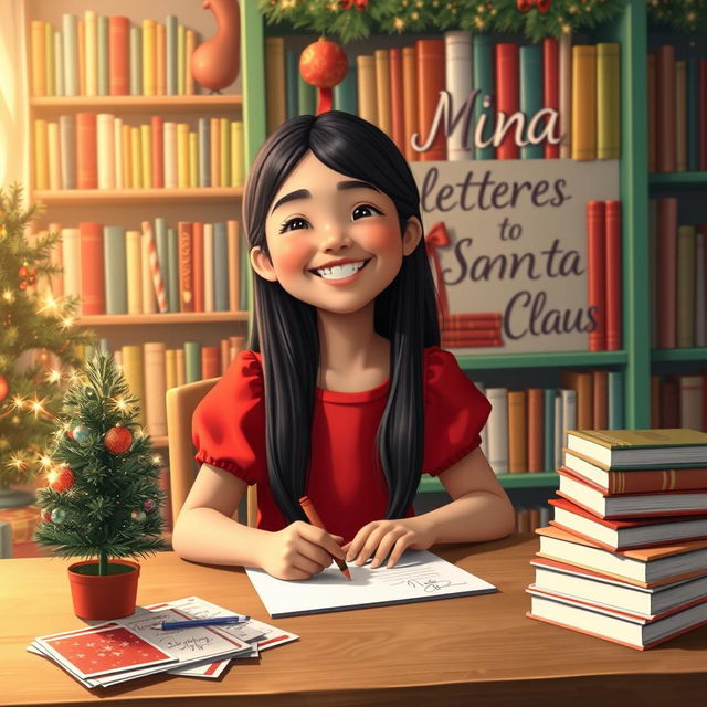 A charming scene featuring a joyful 8-year-old girl with long, straight black hair styled in a Disney-like fashion, dressed in a vibrant red dress