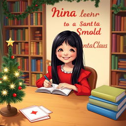 A charming scene featuring a joyful 8-year-old girl with long, straight black hair styled in a Disney-like fashion, dressed in a vibrant red dress