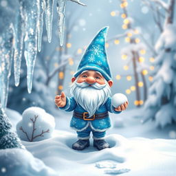 A whimsical scene featuring a small ice gnome in a snowy landscape