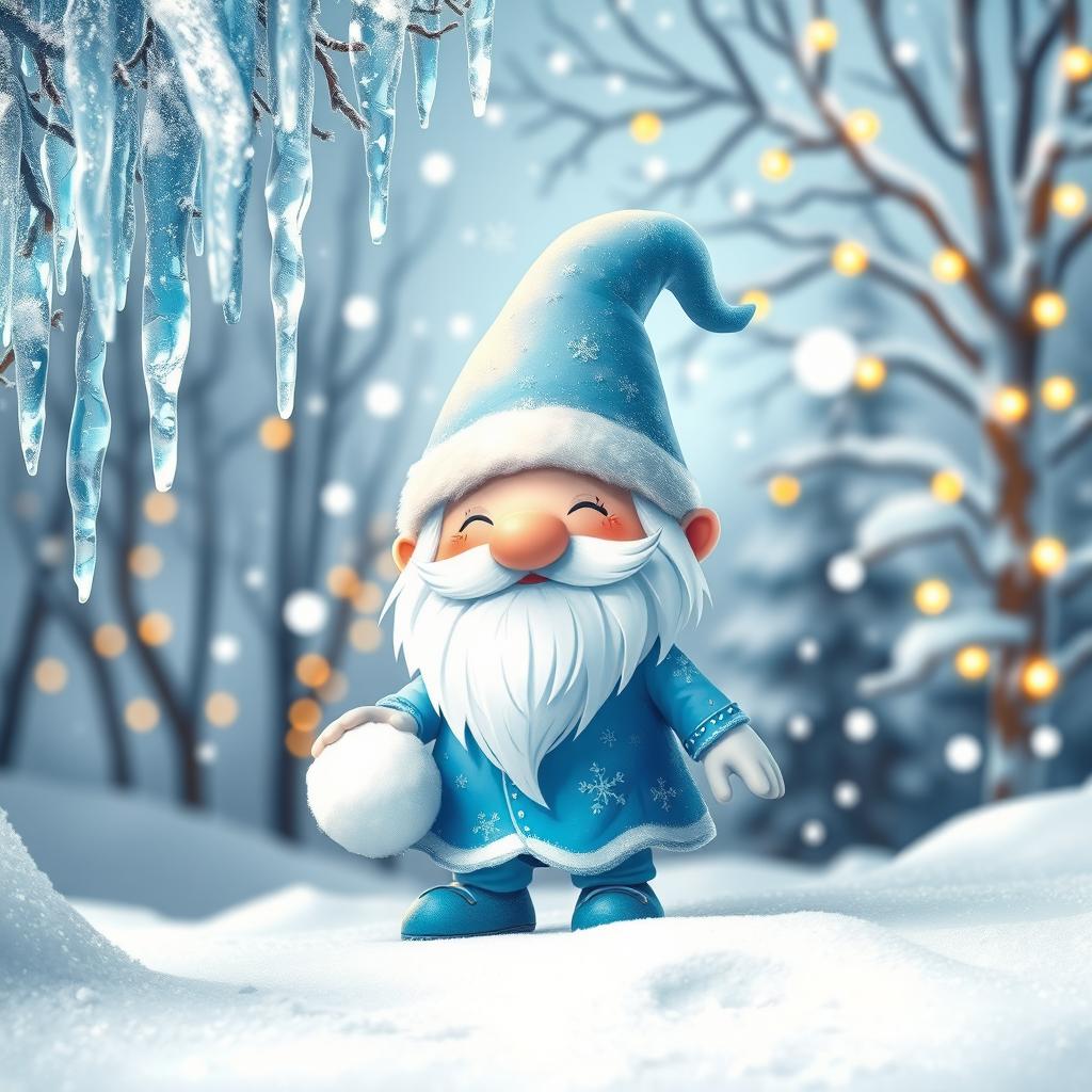 A whimsical scene featuring a small ice gnome in a snowy landscape