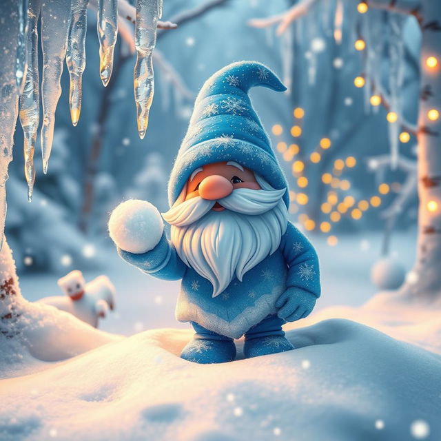 A whimsical scene featuring a small ice gnome in a snowy landscape