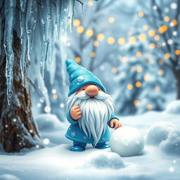 A whimsical scene featuring a small ice gnome in a snowy landscape