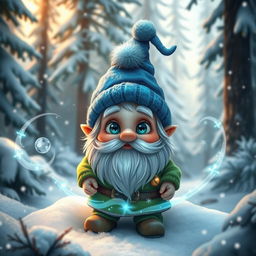 A small gnome living in a lush, snowy forest, depicting a childlike wonder with wide, sparkling eyes