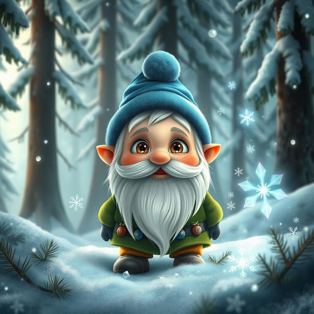 A small gnome living in a lush, snowy forest, depicting a childlike wonder with wide, sparkling eyes