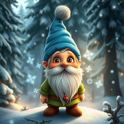 A small gnome living in a lush, snowy forest, depicting a childlike wonder with wide, sparkling eyes