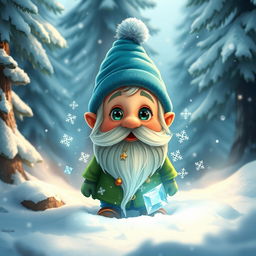 A small gnome living in a lush, snowy forest, depicting a childlike wonder with wide, sparkling eyes