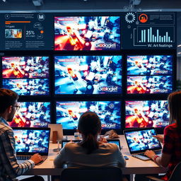 A visually striking and modern digital advertising scene, featuring an array of dynamic online video advertisements displayed on various screens, including laptops, tablets, and smartphones