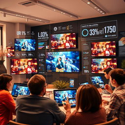 A visually striking and modern digital advertising scene, featuring an array of dynamic online video advertisements displayed on various screens, including laptops, tablets, and smartphones