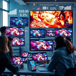 A visually striking and modern digital advertising scene, featuring an array of dynamic online video advertisements displayed on various screens, including laptops, tablets, and smartphones