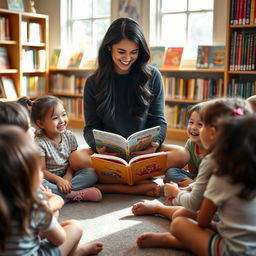 A scene in a cozy library featuring Nina, a girl with long black hair, looking happy as she sits in a circle on the floor with several other children