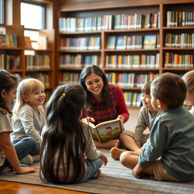 A scene in a cozy library featuring Nina, a girl with long black hair, looking happy as she sits in a circle on the floor with several other children