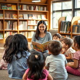 A scene in a cozy library featuring Nina, a girl with long black hair, looking happy as she sits in a circle on the floor with several other children