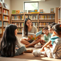 A scene in a cozy library featuring Nina, a girl with long black hair, looking happy as she sits in a circle on the floor with several other children