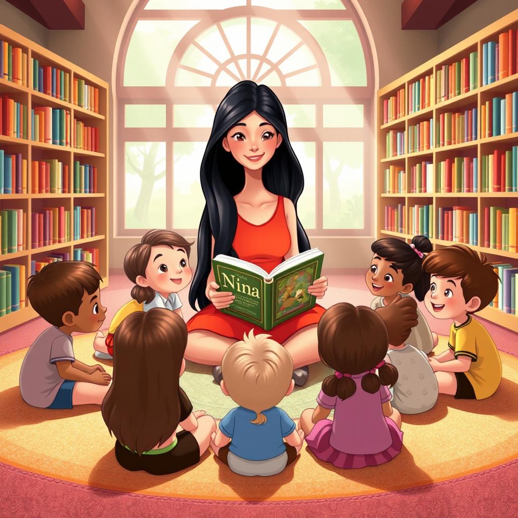 A charming Disney-style illustration featuring a young girl named Nina with long black hair, radiating happiness