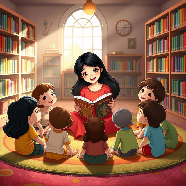 A charming Disney-style illustration featuring a young girl named Nina with long black hair, radiating happiness